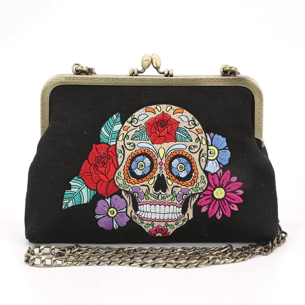 Embroidered Skull Design Black Clutch